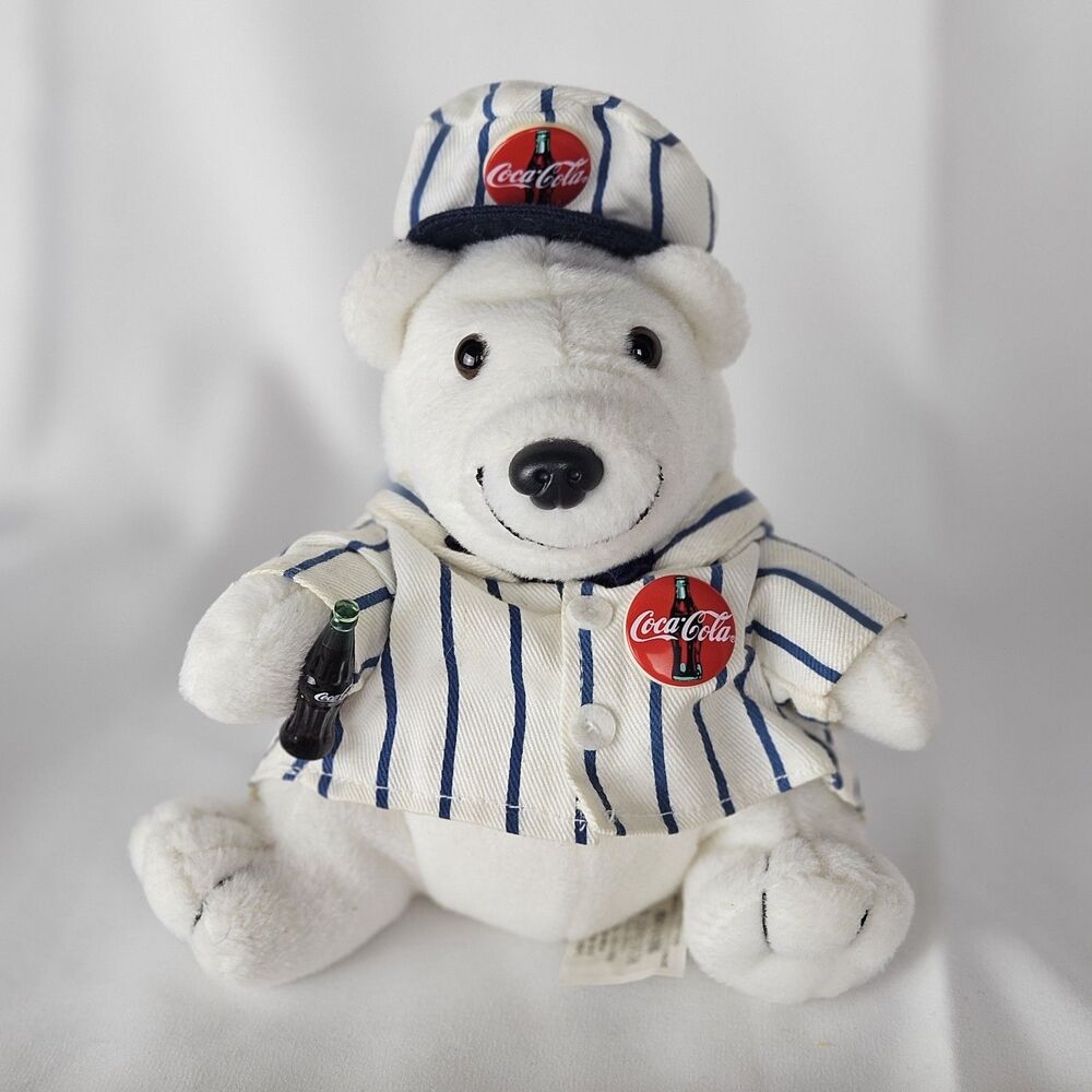 RARE Vintage 1998 Coca Cola Polar Bear in Striped Delivery Suit W/Bottle #1066